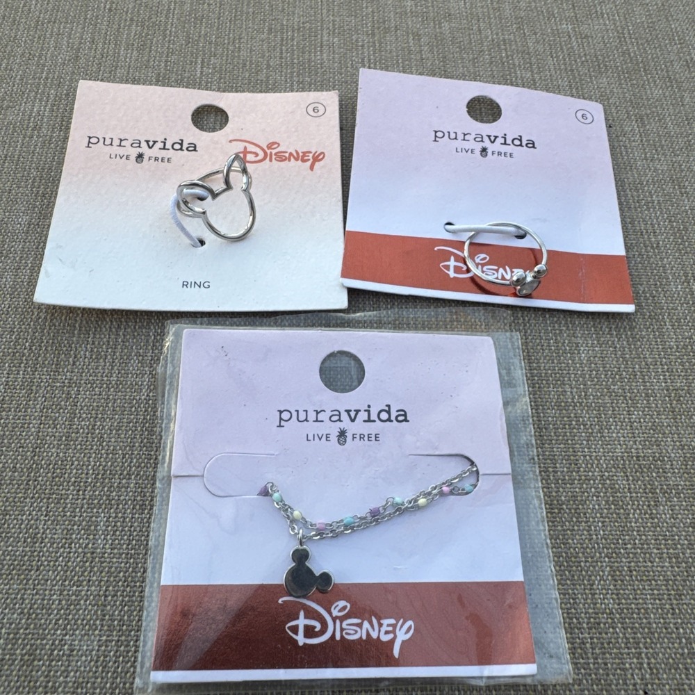 Pura Vida Disney Mickey Mouse Jewelry Lot 2 Rings Size 6 Necklace Silver Tone